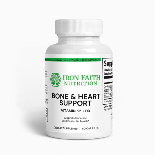 A bottle of Iron Faith Nutrition Bone & Heart Support supplement with Vitamin D3 & K2, containing 60 capsules.