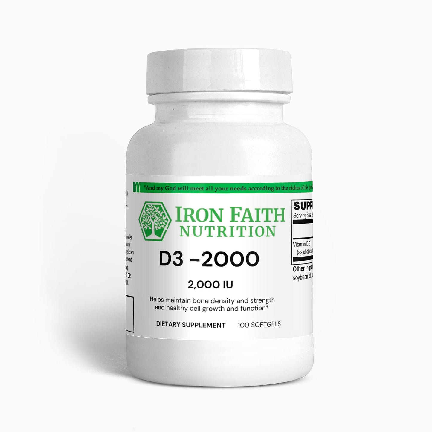A bottle of Iron Faith Nutrition Vitamin D3 2,000 IU softgels with 100 capsules.