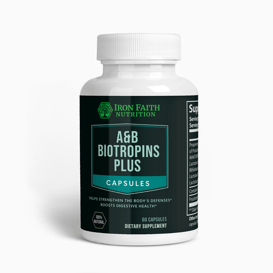 A bottle of A&B Biotropins Plus capsules by Iron Faith Nutrition, a probiotic dietary supplement.