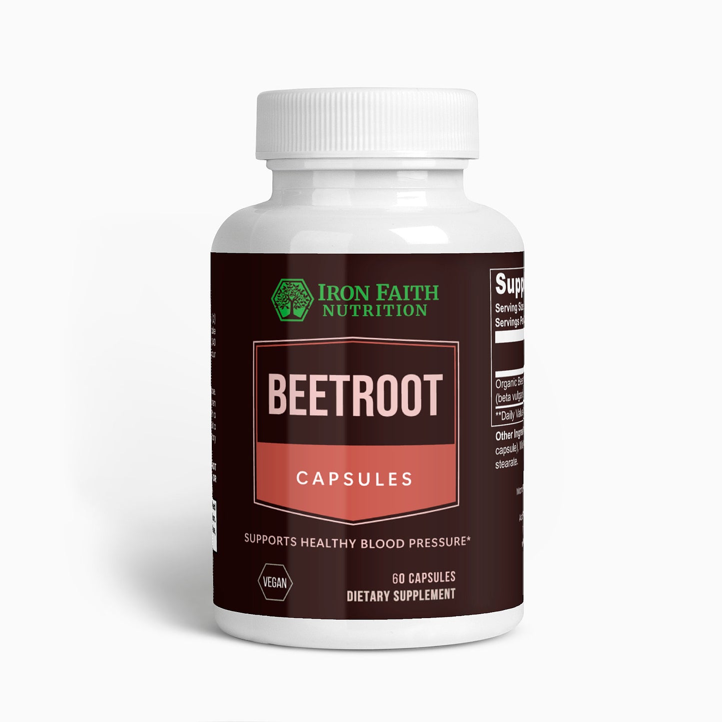 A bottle of Iron Faith Nutrition Beetroot Capsules with 60 capsules designed for supporting heart health and athletic performance.