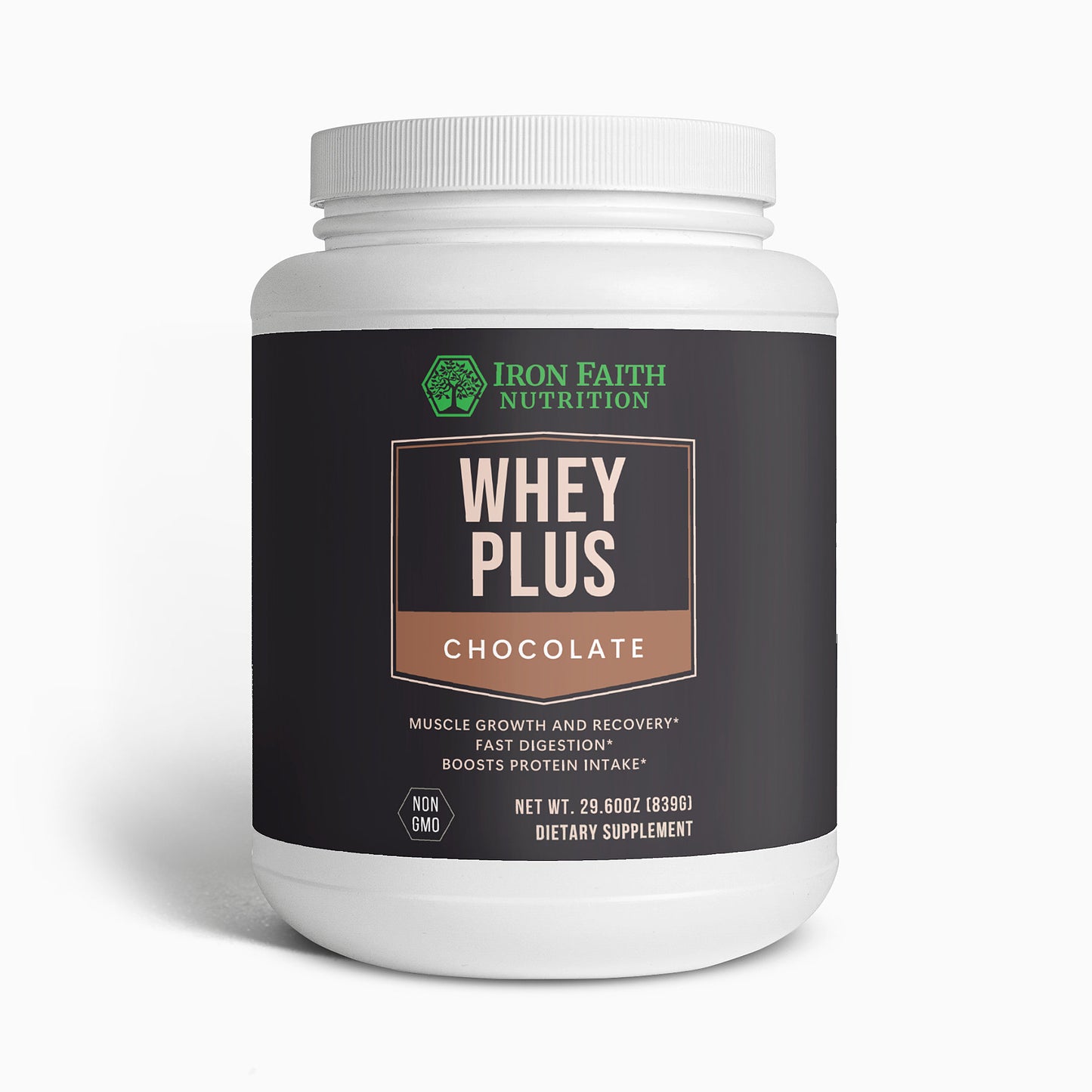 A plastic container of Whey Plus Chocolate protein powder by Iron Faith Nutrition, with a label that includes the product name, brand, and benefits such as muscle growth and recovery.