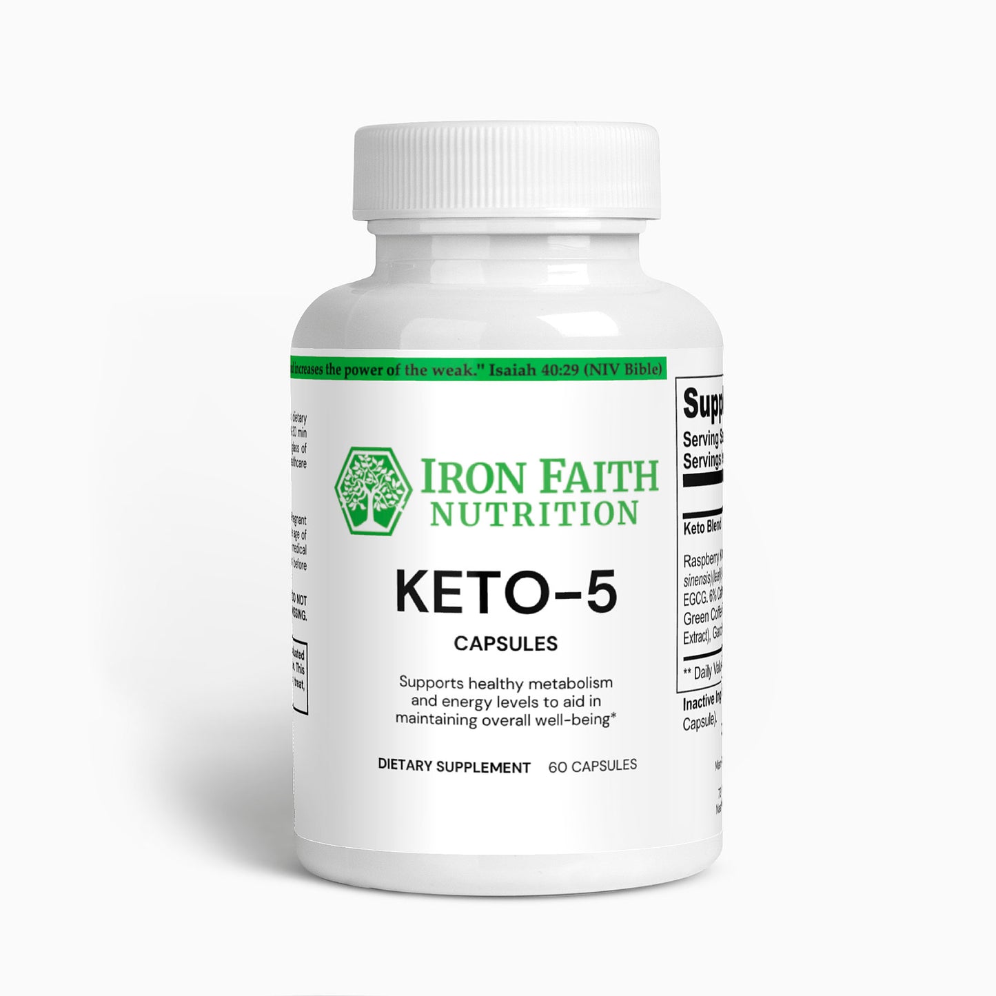A bottle of Keto-5 capsules from Iron Faith Nutrition, designed for advanced fat-burning and weight management.