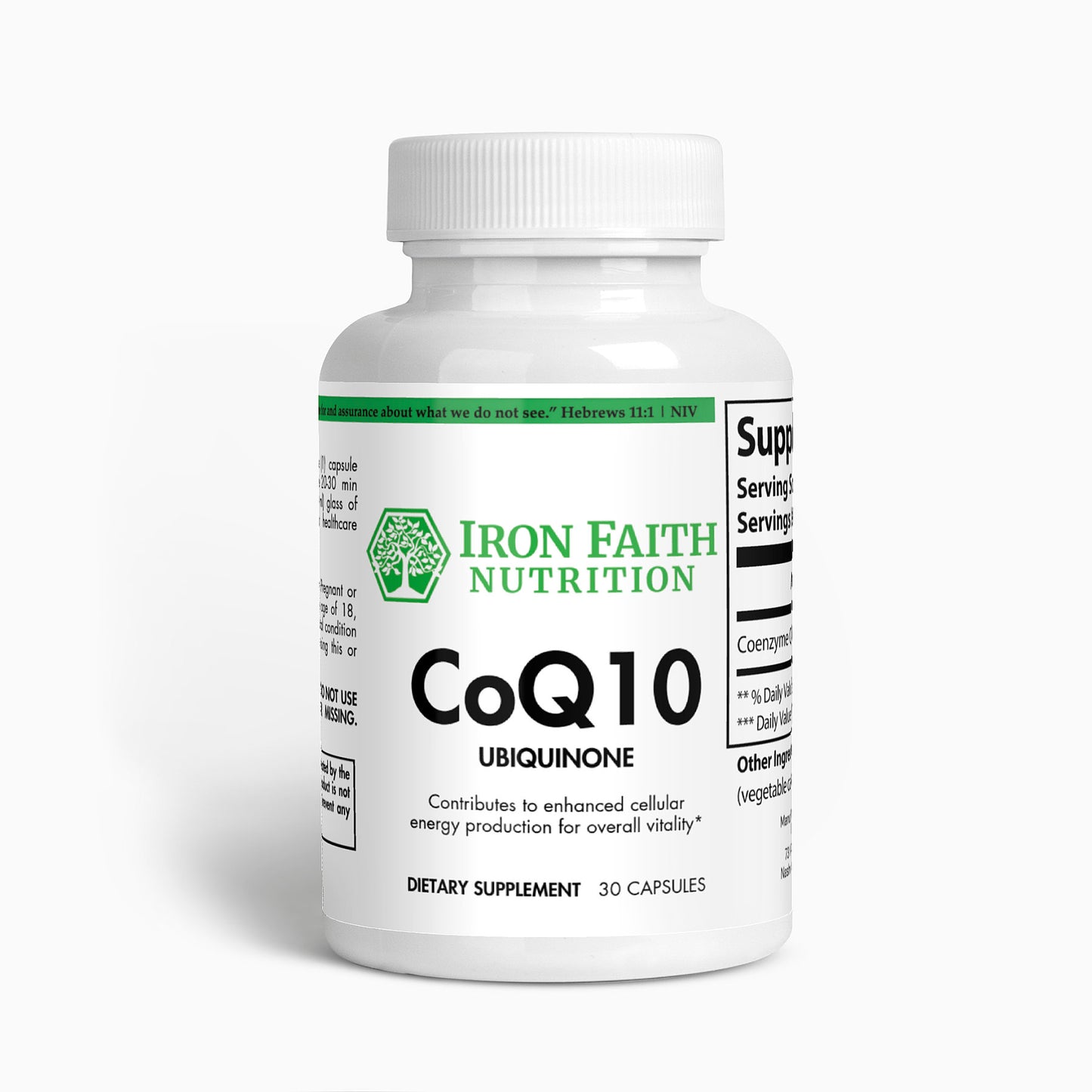 A bottle of Iron Faith Nutrition CoQ10 Ubiquinone dietary supplement with 30 capsules, white background.
