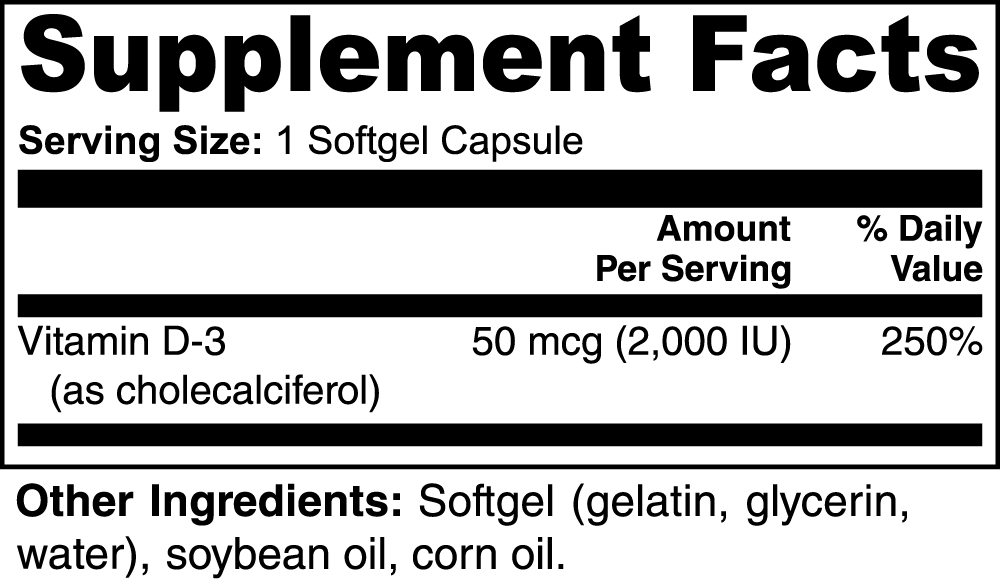 Supplemental facts for Vitamin D3 2,000 IU (50 mcg) — daily bone, immune & mood support — Iron Faith Nutrition