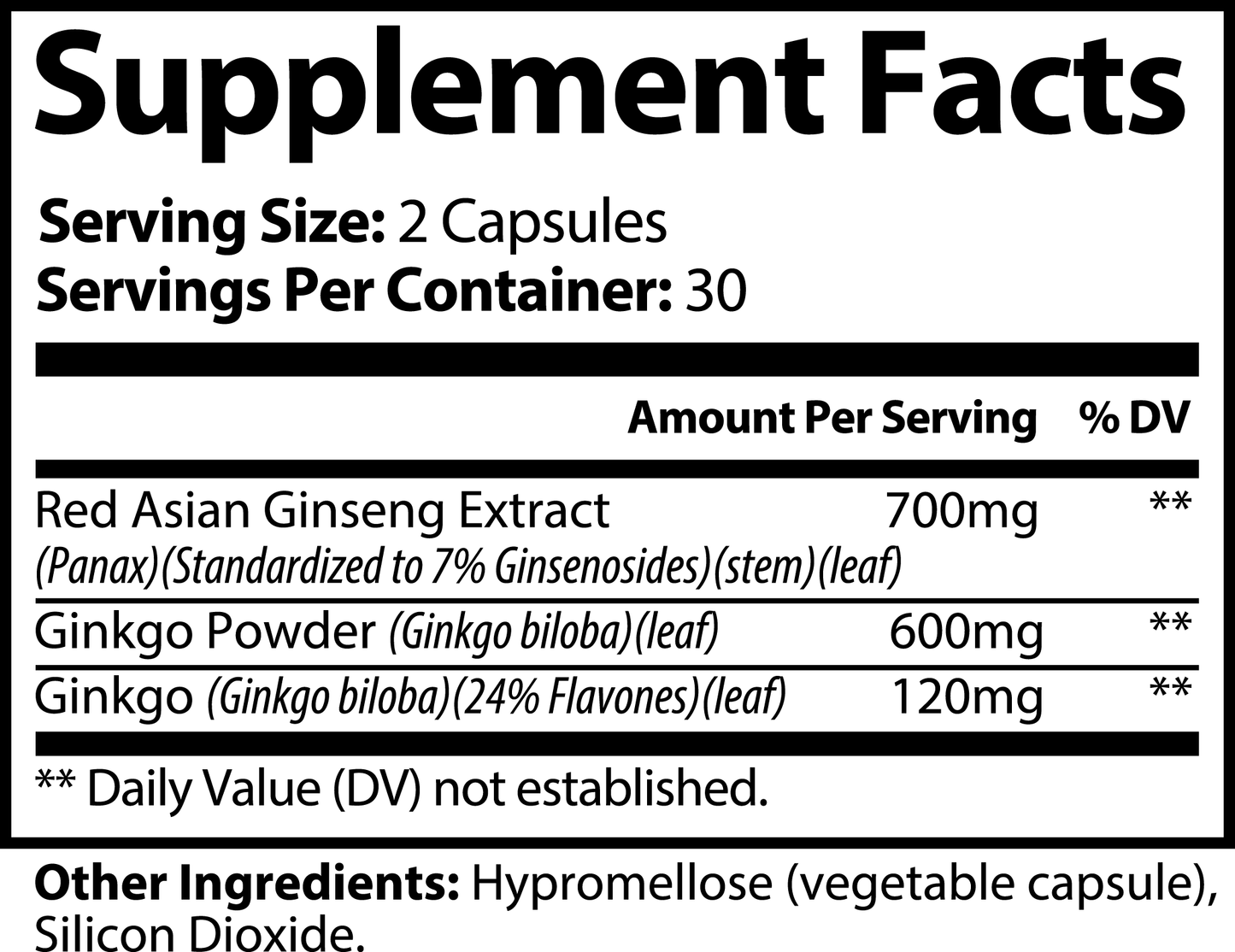 supplemental facts for Ginkgo Biloba + Ginseng — focus, circulation & steady energy herbal capsules — Iron Faith Nutrition