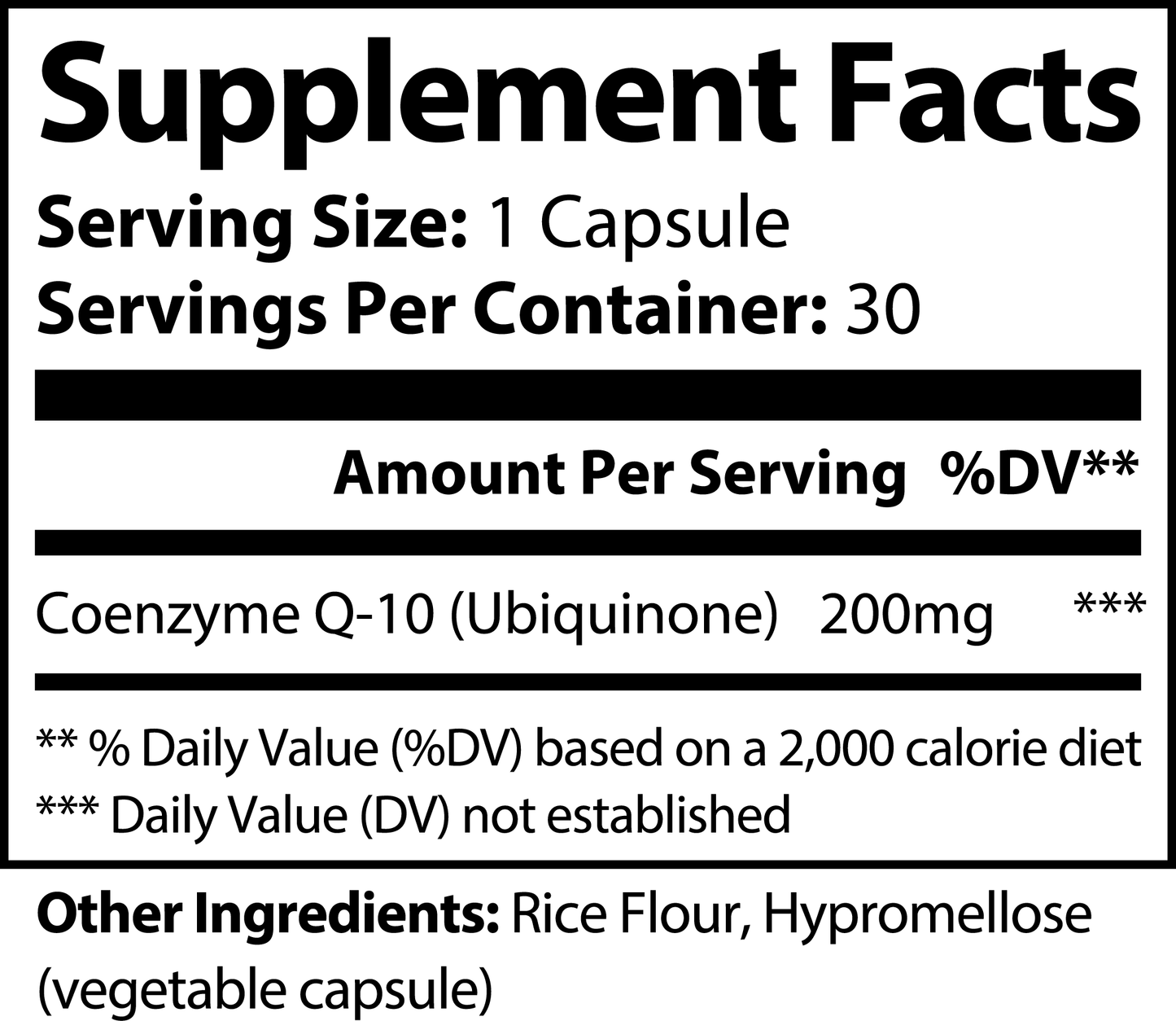 supplemental facts for CoQ10 Ubiquinone 200 mg — cellular energy & heart support — 30 capsules — Iron Faith Nutrition