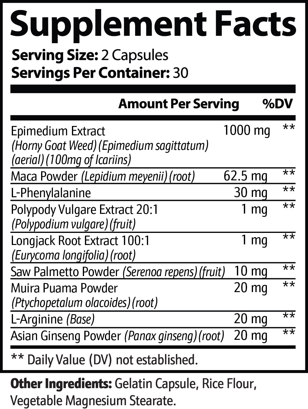 supplemental facts for Horny Goat Weed Blend — icariins + botanical vitality formula for circulation & stamina — Iron Faith Nutrition