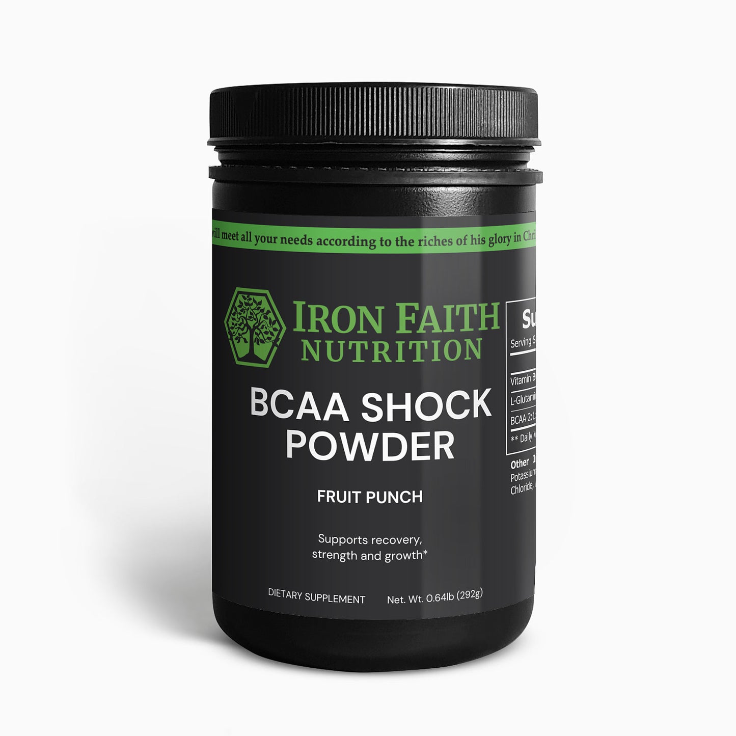 A container of Iron Faith Nutrition BCAA Shock Powder in Fruit Punch flavor, designed for muscle recovery and performance.