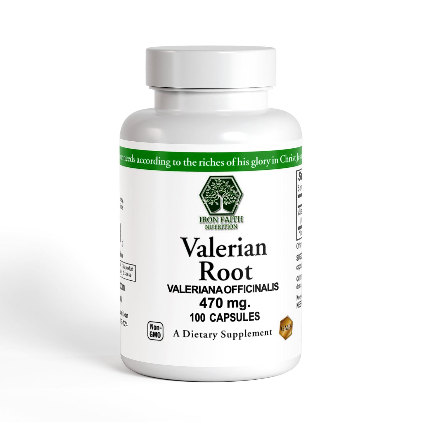 A bottle of Valerian Root dietary supplements, containing 100 capsules, with a label displaying the product name and amount per capsule.